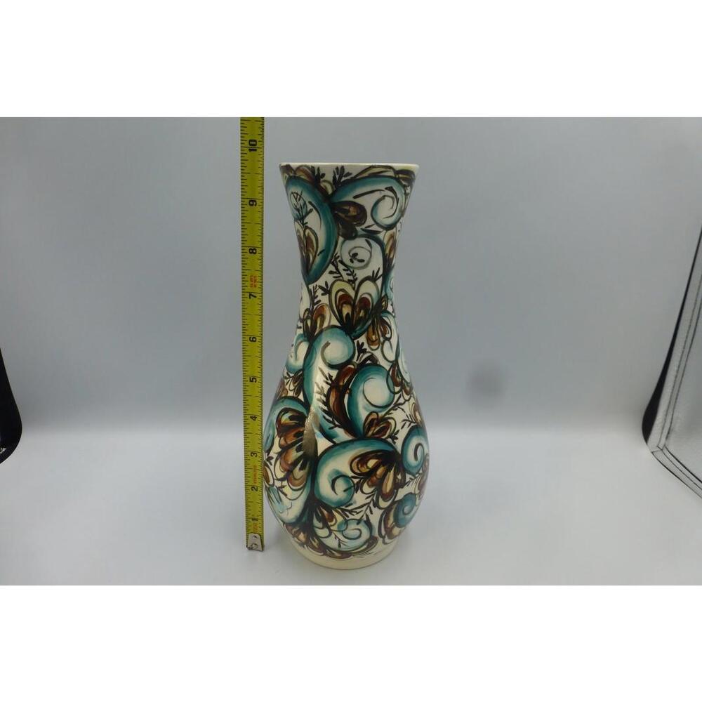 Vintage Woodland Pottery Vase MB 1-15-73 Hand Painted Floral Swirl 10" MCM Shelf - Picture 2 of 6